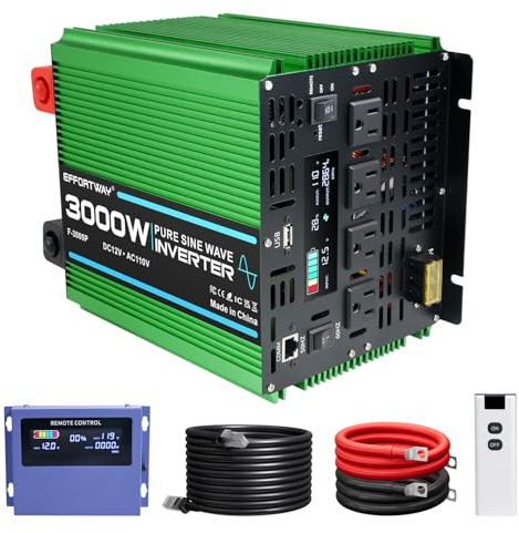 EFFORTWAY 3000W Power Inverter, 12V DC to 110V/120V Pure Sine Wave Inverter with 4 AC Outlets, USB Port, Hardwire Port, Remote Controller, Car Power Inverter for RV, Truck, Boat, Camping, Off-Grid