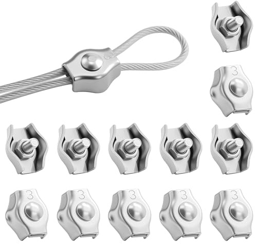 12 stycken vajerklämmor M3, repklämma 3 mm rostfritt stål 304 vajerklämmor, kabelklämmor för vajer, stålvajer, tvättlina, markis fixerad