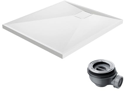 HOROW Plato de Ducha 80 x 90 cm Extraplano, Antideslizante, Acrílico Blanco con Textura de Piedra - Ducha Completa Incluye Desagüe y Tapa, 4 cm de Altura, Fabricación en Una Pieza Sin Fugas