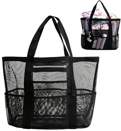 Sandspielzeug Tasche, Große Netztasche Sandspielzeug, TragbareMesh Strandtasche, Schwarz Duschtasche Camping für Pool, Strand, Reisen, Urlaub
