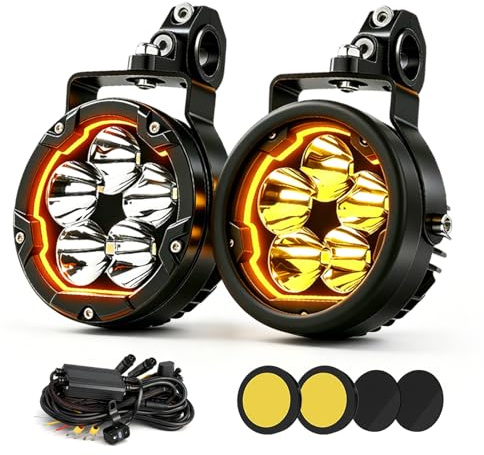 BraveWAY Phares Additionnels Moto 3,7 Pouces 70W 16000LM DRL Ambré Fonction Stroboscopique Faisceau Combin Caches Jaunes/Noirs Supports en U et Tubulaire Harnais de Câbles