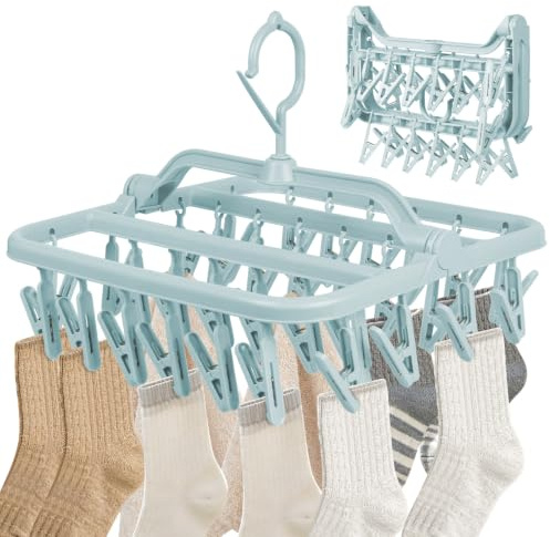 Foldable Sock Drying Rack with 32 Pegs, 360° Swivel Hook Clothes Hanger for Laundry, Space-Saving Clothes Airer for Underwear & Baby Clothes, Hats, Socks (Thickened - Blue)