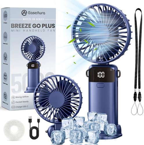 EaseAura® Ventilador Portátil de Mano USB Recargable 5000mAh, Mini Ventilador Portátil 5 Velocidades, Pantalla LED, Plegable con Soporte de Mesa, Apagado Automático, Ventilador de Viaje y Oficina