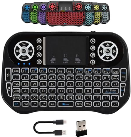 2.4G Mini Wireless Keyboard with 7-Color Touchpad Backlit, Rechargeable | Wireless Keyboard 2.4ghz USB C Handheld Remote for TV, TV Box, PC, Laptop, FireStick, HTPC, PS3, PS4, Raspberry Pi, KODI, i10