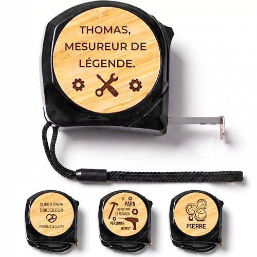 KDO-MAGIC Mètre personnalisé ruban de 5m Détails en bambou (Bricole) | Idée cadeau anniversaire, retraite, fète des pères, papi | Bandoulière & Mécanisme de blocage | Boîte à outils | Bricolage