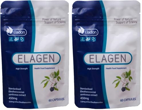 Elagen Siberian Ginseng Eleutherococcus Capsules – High Strength Standardised Extract 450 mg | 60 Vegetarian Caps | UK Made | Traditional Adaptogen for Energy & Wellbeing (Pack of 2)