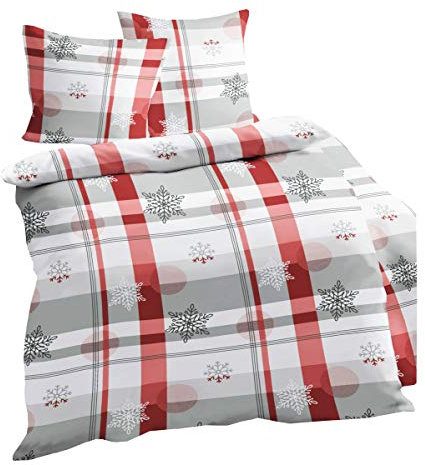 Dormisette Fein Biber Bettwäsche 2 TLG. Schneekristalle Rot Grau Weiß, Größe:135x200cm Bettwäsche