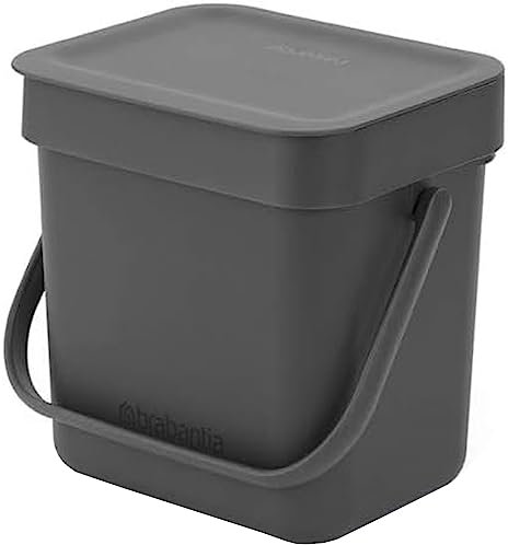 Brabantia Sort & Go 3L - Composteur Cuisine - Poignée de Transport - Petite Poubelle Compost de Table, Comptoir ou Sous la Cuisine - Gris - 19 x 14 x 18 cm