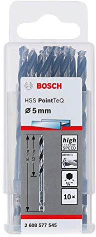 Bosch Professional 10pc PointTeQ Hex Drill Bit (for Metal, Ø: 5.0 mm, Total Length: 91 mm, ¼’’ Hex Shank, Accessory for Impact Drivers and Drill Drivers)