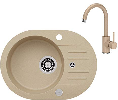VBChome Spüle mit Armatur 58 x 42 cm Beige Spülbecken Granit Einbauspüle Küchenspüle gesprenkelt reversibel Drexexcenter Siphon Waschbecken Wasserhahn Küchenarmatur Einhebel Kalt-warm