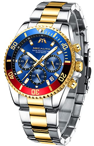 MEGALITH Uhren Herren Edelstahl Chronograph: Gold Armbanduhr Herren mit Datum - Wasserdicht Quarz Uhr fur Männer Mode Casual