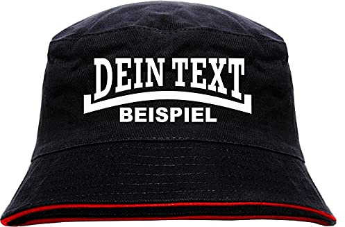 HB_Druck Individueller Fischerhut - Linie - Bucket Hat mit Wunschtext Bedruckt SchwarzRot L/XL