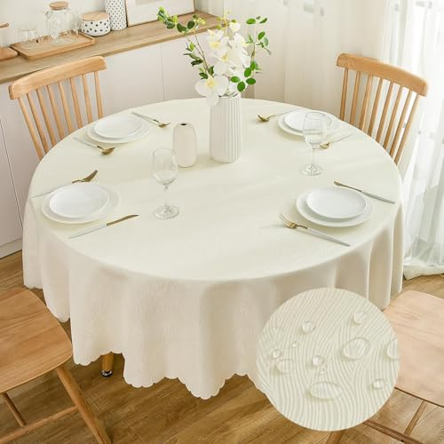 Runde Jacquard-Tischdecke 200 cm, Waterflow-Muster, Cremeweiß | Wasserabweisendes Finish, Maschinenwaschbar, Weiche Jacquard-Struktur, Pflegeleichtes 100% Polyester, Essen und Feiern