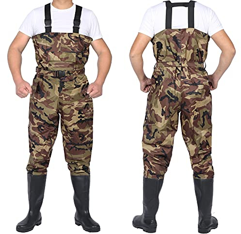 GXFXLP Anglerhose Wasserdicht mit Stiefel, Wathose Herren Camouflage Wathose rutschfest, Angelhose Herren Watstiefel Herren Teichhose Kältebeständig,UK 13/EU 47