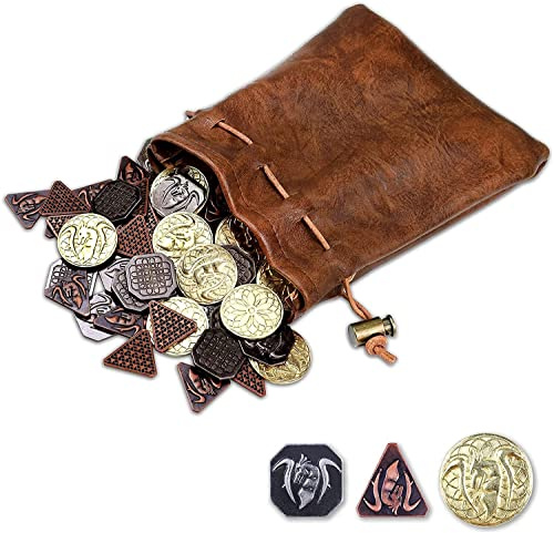 Byhoo pièces du MDN 60 pièces avec Sacs en Cuir, pièces d'or, d'argent et de cuivre en pièces métalliques, Fausses pièces de Jeu, pièces de RPG du MDN