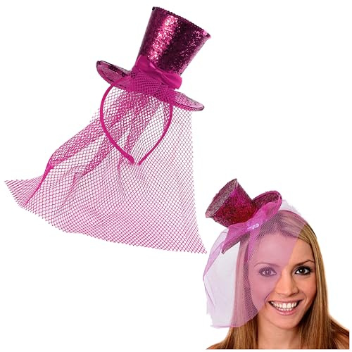 Damen Glitzer Zylinderhut - 1 Stück - Mini Pink Pailletten Zylinder mit passendem Fascinator Schleier - Damen Halloween Weihnachten Verkleidung Kostüm Zubehör
