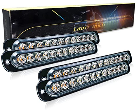 SKYWORLD Feux LED Stroboscopique 4 pièces 12 LED Blanc & Amber Ultra Mince Led Stroboscope Voiture Avertissement D'urgence Clignotant Strobe Barre lumineuse 12V 24V Feu de freinage stroboscopique Moto