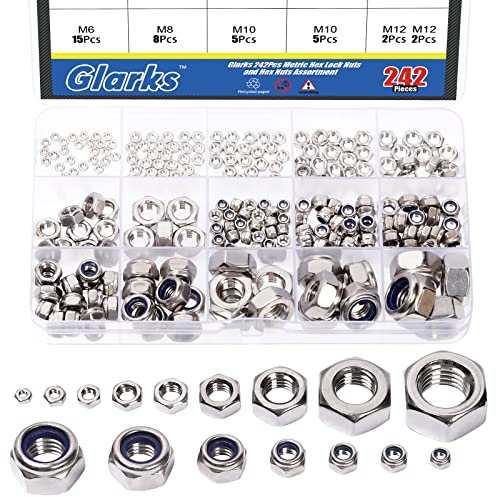 Glarks 242Pcs Nylon Insert Hex Lock Nuts and Hex Nuts Assortment Kit, 304 Stainless Steel Metric Sizes M2 M2.5 M3 M4 M5 M6 M8 M10 M12