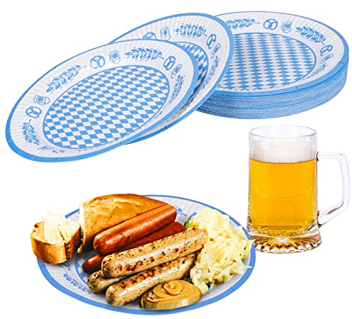 YOLOUP 40 Stück Oktoberfest Teller Bayerische Papierteller Bavaria Party Blau & Weiß Rauten Pappteller Partygeschirr für Wiesn Oktoberfest Dekoration Bierzelten Tischdeko (Rund: 7 zoll)