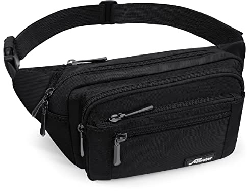 HNOOM Riñonera Mujer Hombre con Cubierta de Lluvia y 5 Bolsillos con Cremallera, Cinturón Ajustable, Riñoneras de Cintura Deportivas para Andar en Bicicleta, Correr, Trotar, Viajar (Negro)
