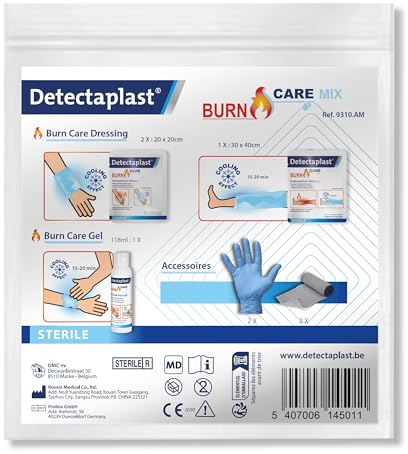 Detectaplast Kit di combustione con compresse per ustioni, brucia e ferite, guanti, compresse sterili idrogel e unguento antincendio, per ustioni