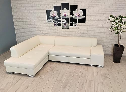 Quattro Meble Echtleder Ecksofa London II Pik 275 x 185 Sofa Couch mit Bettfunktion, Bettkasten und Kopfstützen Echt Leder Eck Couch cremeweißes Leder (185x275 cm Ecke Links)
