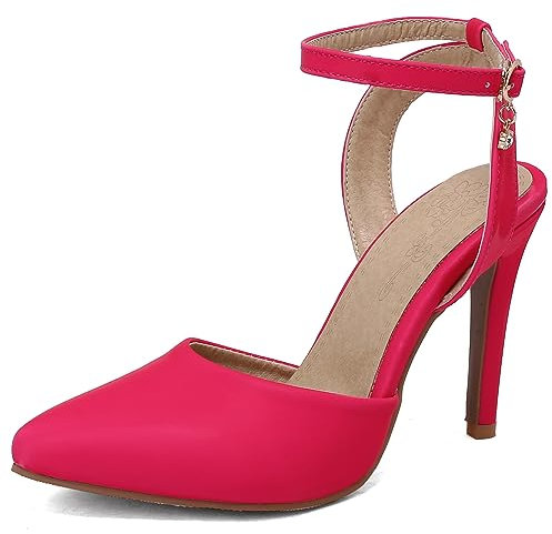 CuteFlats Sandalias de mujer con correa de tobillo con punta puntiaguda y tacones de aguja, sandalias elegantes para fiestas y bailes, fucsia, 36 EU