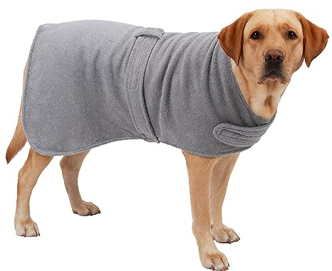 Betz Hundehandtuch extra saugfähig & schnelltrocknend Haustierhandtuch mit Klettverschluss 100% Baumwolle Hunde Bademantel Farbe Grau Größe M