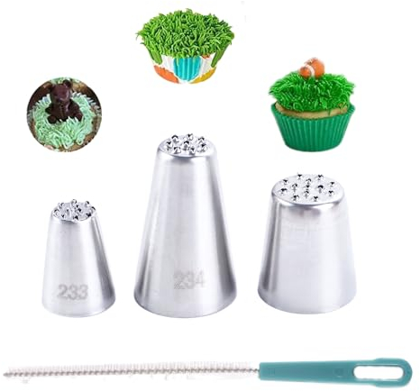 Vctitil 3Pcs Stainless Steel Grass Icing Nozzles Set Grass Cream Icing Piping Nozzles Tips Cake Decorating Grass Icing Nozzles,with 1Pcs Nozzles Clean Brush