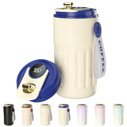 Homealexa Gobelet Café Affichage Numérique - Bouteille Isotherme 410 ml en Acier inoxydable 316 avec Couvercle Isolation sous Vide anti-Fuite Bleu