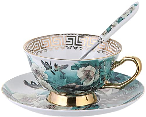 HUAMu Juego de tazas y platillos de porcelana inglesa con cucharas, diseño de jardín de primavera, tazas de té, tazas de café, tazas de té de porcelana floral..