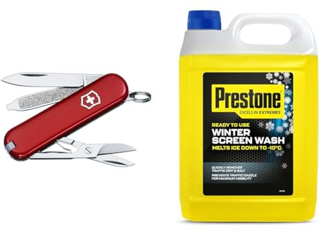 Victorinox Classic SD Swiss Army Knife, Small, Multi Tool, 7 Functions, Scissors, Nail File, Red & Prestone PSCW0029A Winter Screenwash, 5 Litre
