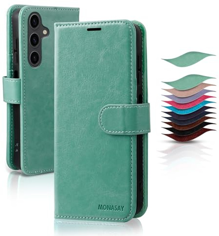 MONASAY For Galaxy A55 5G Wallet Case, [Included Glass Screen Protector][RFID Blocking] Flip Folio Leather Cell Phone Cover with Credit Card Holder for Samsung Galaxy A55 5G, Mint