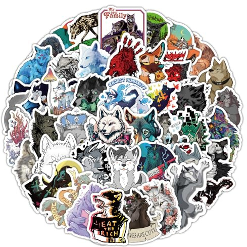 50 PCS Wolf Stickers for Water Bottle,Skateboard,Guitar, Bike,Helmet,Luggage,Scrapbook,Laptop,Bumper,Trendy Cool Animal Vinyl Decals,Cartoon Wolf Waterproof Stickers ,Gift for Teens Children