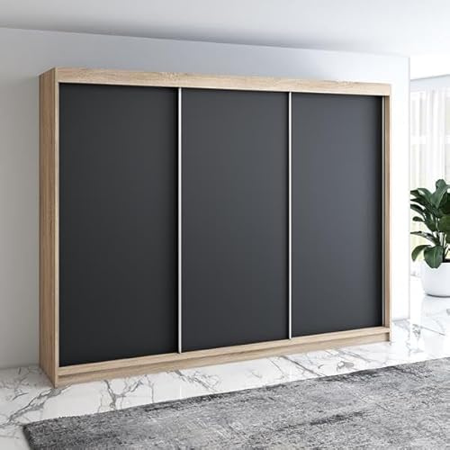 A&J MöbelLand Mero Schwebetürenschrank 200 cm, Kleiderschrank 3-türig mit 4 Schubladen (Sonoma/Schwarz)