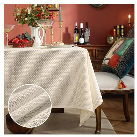 Epinki 135x240CM Tischtuch, Tischdecken Kariert Baumwolle Leinen, Tischdecke Outdoor Tischschutz für Drinnen Draussen Garten, Weiß