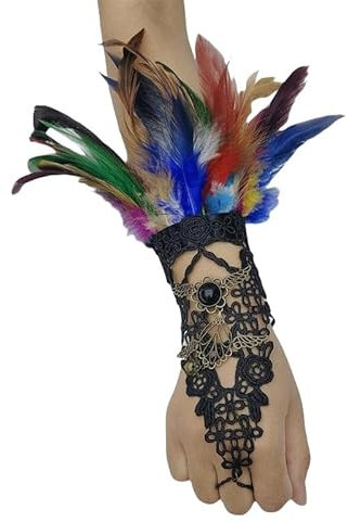 DyLyz Gothic Bunte Fingerlose Handschuhe mit Federn Ausgehöhlte Manschette Blumenhäkelkette Haken Finger Handschuhe Punk Schnürmanschetten für Halloween Cosplay Maskerade Party