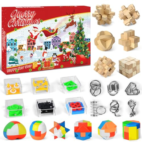 Adventskalender 2025 Kinder, 24 Tage Weihnachtskalender Geschenke, mit Metall Knobelei und Holzk, 3D Puzzle,Weihnachts Geschenke für Jungen Mädchen Teens Weihnachtsgeschenke für Kinder