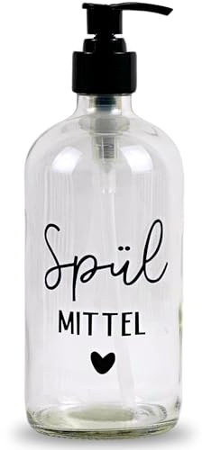Glas Seifenspender 500ml - Schwarzer Pumpspender, Spülmittelspender für Küche, Handseifenspender für Badezimmer (Transparent, Spülmittel)