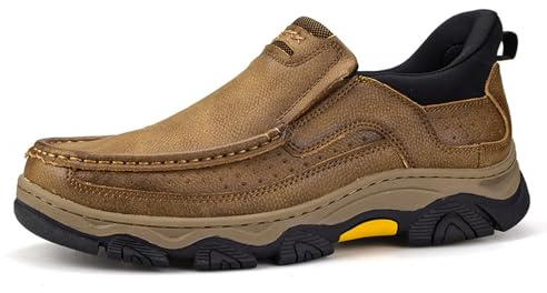 UPIShi Men's Hands Free Slip On Walking Leather Loafers Slip-ins Work Office Dress Casual Outdoor Lightweight Cushioning Shoes Khaki 12