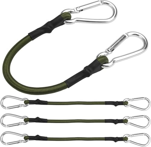 4 Pcs Bungee Cords with Carabiner Clips, 30cm Green Carabiner Bungee Cords, Heavy Duty Elastic Bungee Ropes with Hooks, Multi-Purpose Extra Strong Bungee Straps for Camping, Tarpaulins, Tents, Luggage