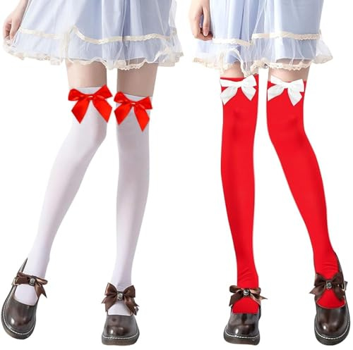 2 paia di calze sopra il ginocchio da donna con fiocco, calze al ginocchio da donna bianche e rosse, calze sexy con fiocco, outfit da studentessa, per San Valentino, carnevale, Natale, Bianco e rosso