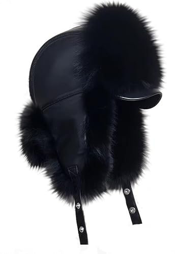 Damen Fliegermütze mit Schirm Mütze ECHTFELL Schwarz mit Leder Pilotenmütze Hat Real Leather Fur Trappermütze Black Echt Fell Pelzmütze Fellmütze Uschanka Russian Hat