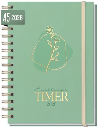 Häfft® Lieblings-Timer Kalender 2026 A5 Green Flower Hardcover Terminplaner, Spiralkalender, Terminkalender, Wochenplaner, Ringbuch Planner - nachhaltig & klimafreundlich