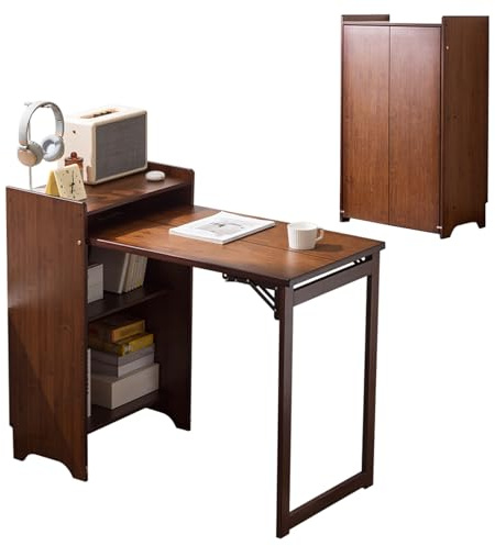 Bamboo Folding Desk with Storage Shelves, Space Saving Hide Away Desk
