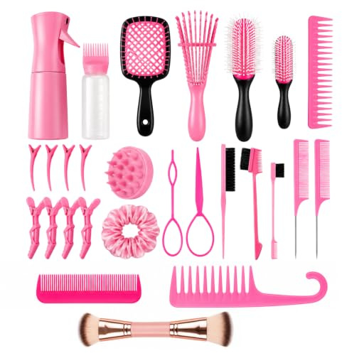 28Pcs Hair Comb & Detangling Brush Set for Women – Professional Curly Hair Styling Kit with Spray Bottle, Sectioning Clips, Edge Brush & More | Salon Tools for All Hairs - 36** (Pink)