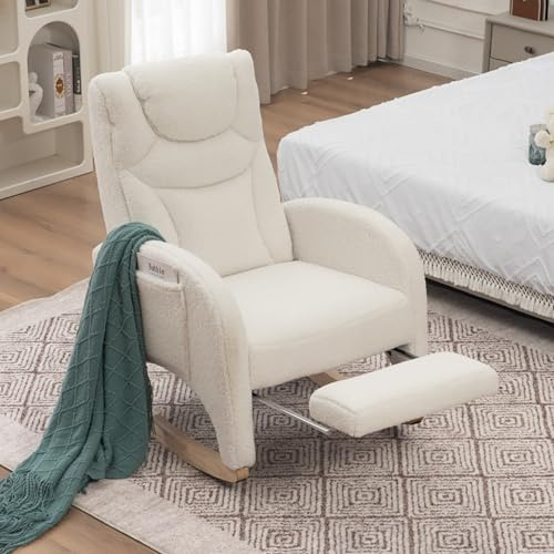 Premium Schaukelstuhl Relaxsessel mit Fußhocker • Gepolsterter Wohnzimmer Akzent Sessel • Teddy Stoff Bezug • Hohe Tragkraft • Klappbarer Hocker • Ergonomic Design • Stabiler Holzrahmen (weißer)