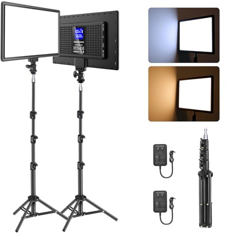 NEEWER BASICS 13 LED Video Light Panel, 2 Pack Studio Lighting Kit with Tripod Stands, Bi Color Photo Key Light for Streaming Photography Podcast Recording, 2400Lux 3200-5600K CRI97+ 8000mAh, NL-192B