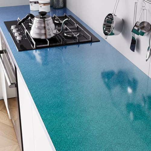 VaryPaper Teal Metallic Effect Peel and Stick Wallpaper 40cmx200cm Blue Green Iridescent Glitter Contatct Paper for Kitchen Countertop Sticky Back Plastic Vinyl Wrap for Kitchen Cupboards Fridge Shelf