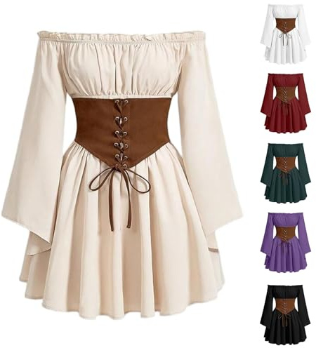 2025 New Women Medieval Victorian Dresses Ladies Gothic Vintage Dress Midi Dresses Corset Dress Lace up Skirt Off Shoulder Skirts Flared Sleeve Gown Renaissance Costume Party Carnival Outfit